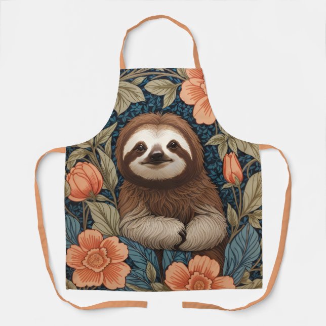 Cute Sloth Elegant Floral William Morris Inspired Schürze (Vorderseite)