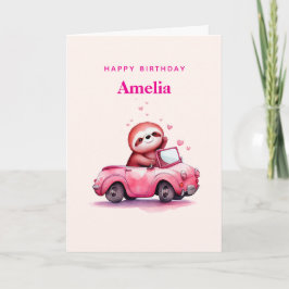 Cute Sloth in a Pink Convertible Birthday Karte