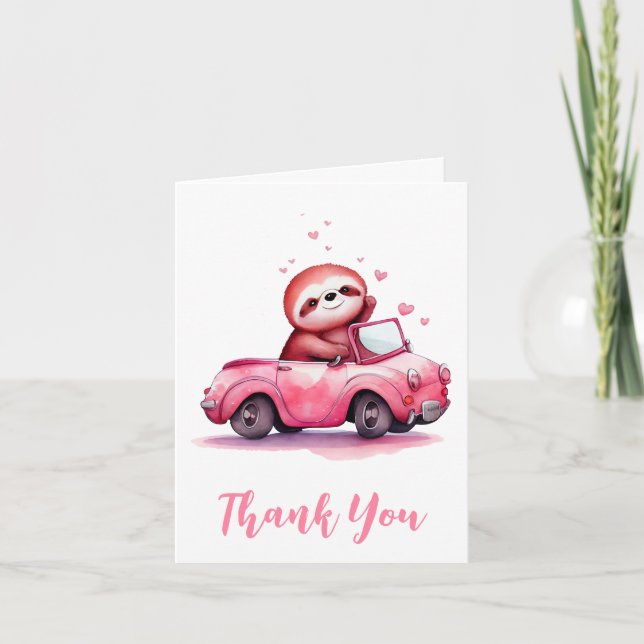 Cute Sloth in a Pink Convertible Dankeskarte (Vorderseite)