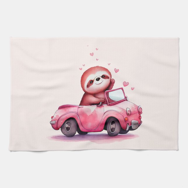 Cute Sloth in a Pink Convertible Geschirrtuch (Horizontal)