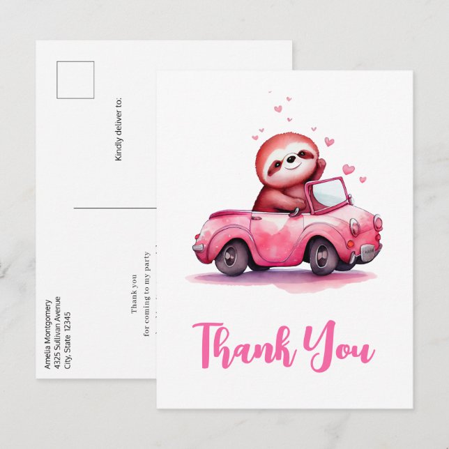 Cute Sloth in a Pink Convertible Thank You Postkarte (Vorne/Hinten)