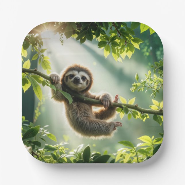Cute Sloth In Backlit By Sunbeams Pappteller (Vorderseite)