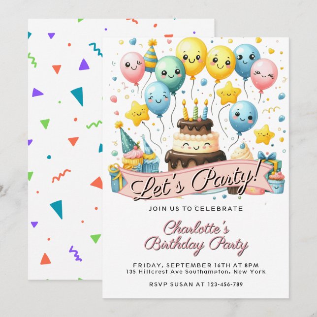 Cute Smiley Balloons & Cake Custom Birthday  Einladung (Vorne/Hinten)