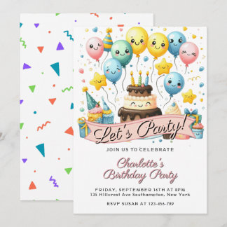 Cute Smiley Balloons & Cake Custom Birthday  Einladung