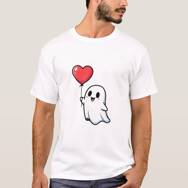 Cute Smiling Cartoon Ghost Holding Red Heart T-Shirt (Vorderseite)