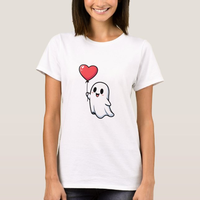 Cute Smiling Cartoon Ghost Holding Red Heart T-Shirt (Vorderseite)