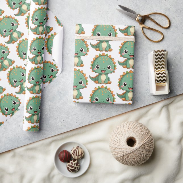 Cute Smiling Dinosaur Kids Wrapping Paper Geschenkpapier (Kunsthandwerk)