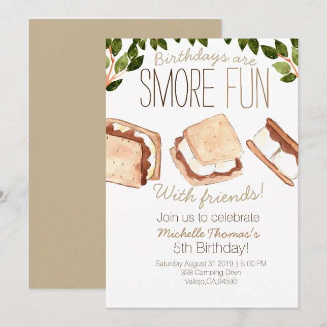 Cute smores camping enfant invitation d'anniversai (Devant / Derrière)