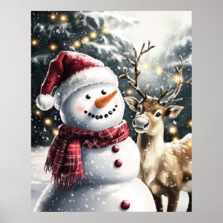 Cute Snowman and Reindeer Christmas Wall Art Poster