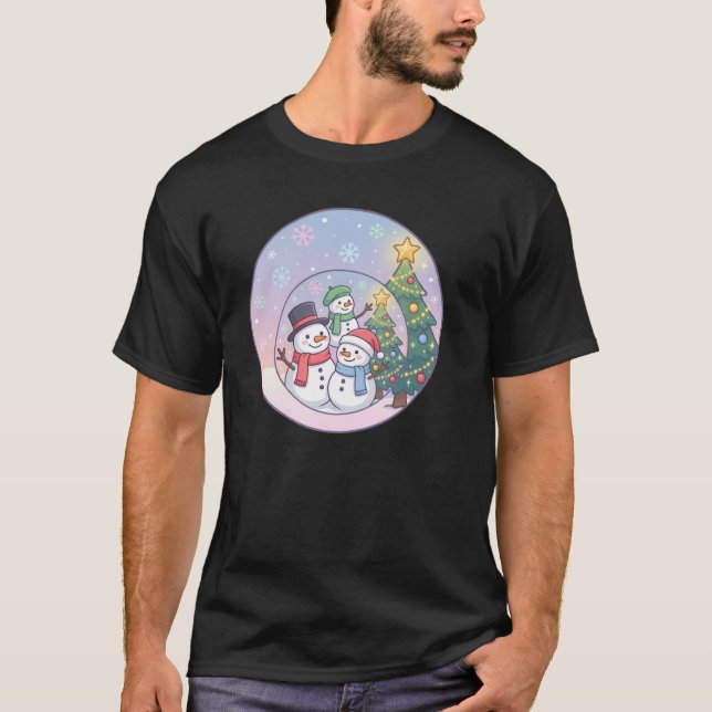 Cute Snowman Family Christmas Scene T-Shirt (Vorderseite)