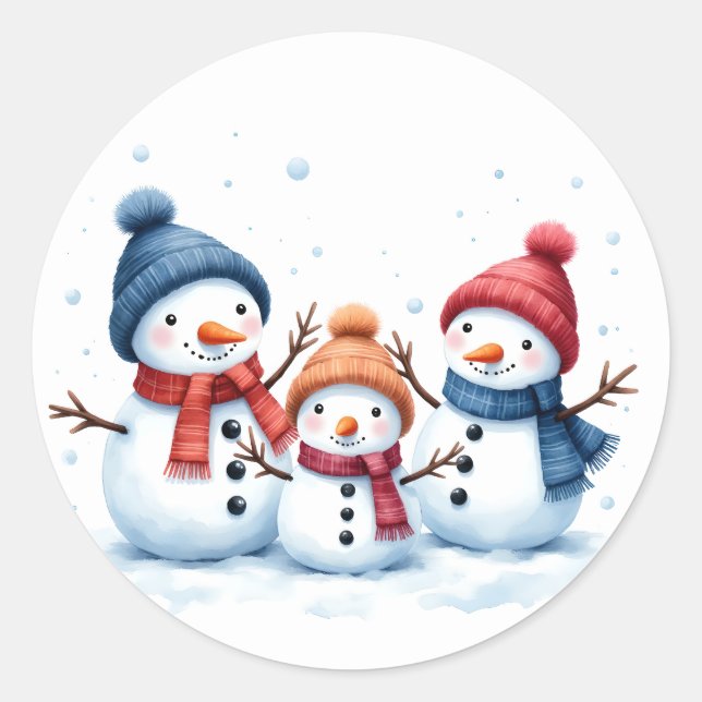 Cute Snowman Family Watercolor Illustration Round  Runder Aufkleber (Vorderseite)