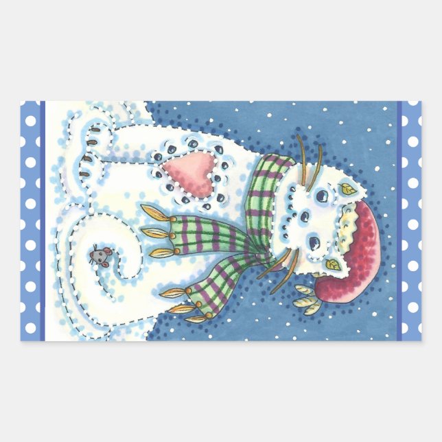 CUTE SNOWMAN KITTEN, SNOWFLAKES CAT AND MOUSE RECHTECKIGER AUFKLEBER (Vorderseite)