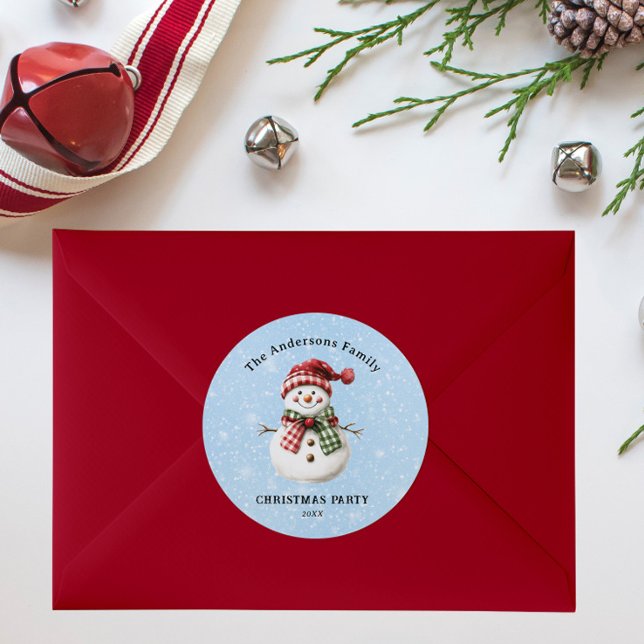 Cute Snowman Merry Christmas Family Party Custom Runder Aufkleber (Von Creator hochgeladen)
