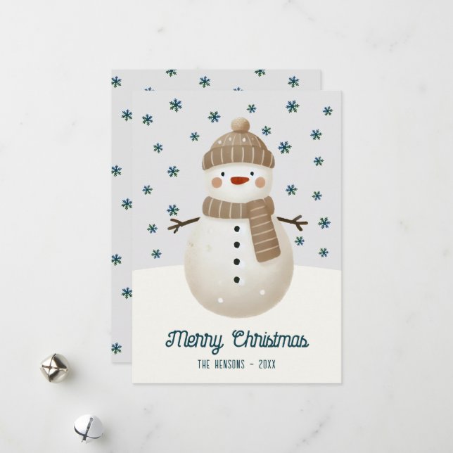Cute Snowman Snowflakes Drawing Christmas Feiertagskarte (Vorderseite/Rückseite Beispiel)