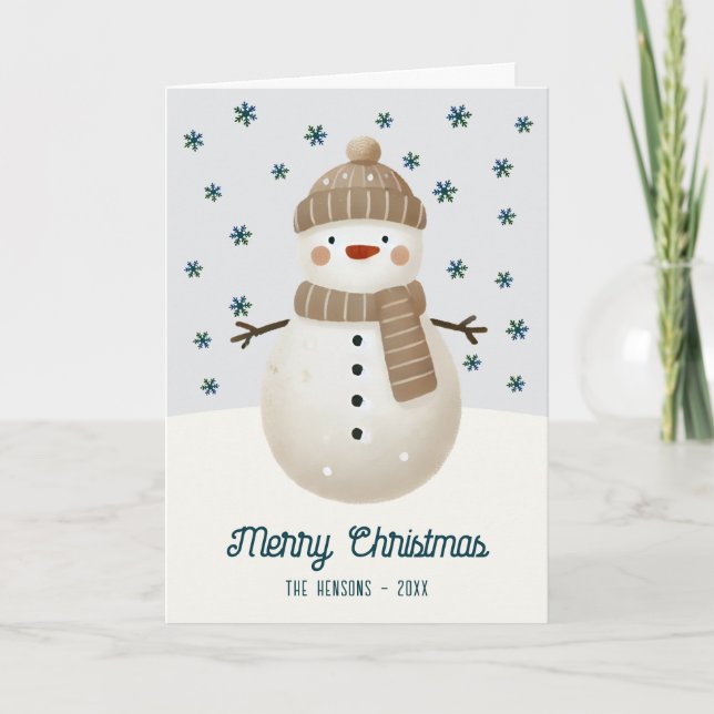Cute Snowman Snowflakes Drawing Christmas Feiertagskarte (Vorderseite)