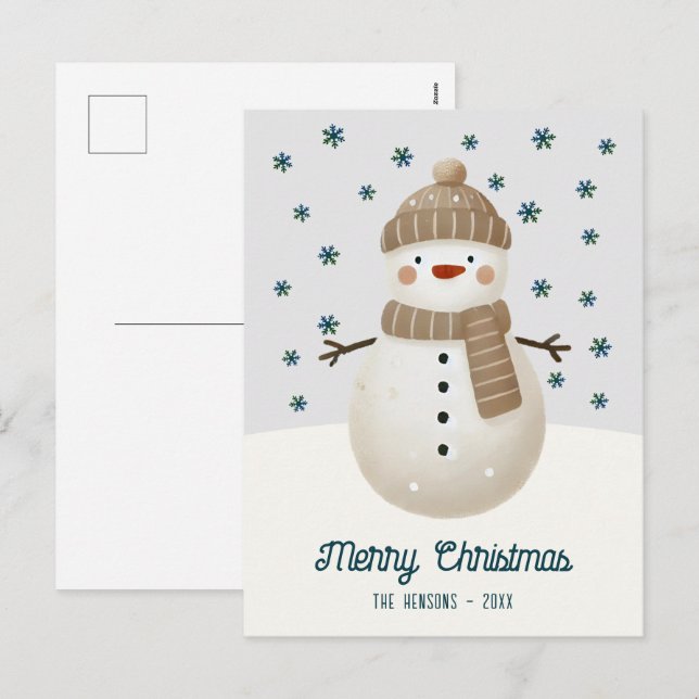 Cute Snowman Snowflakes Drawing Christmas Feiertagspostkarte (Vorne/Hinten)
