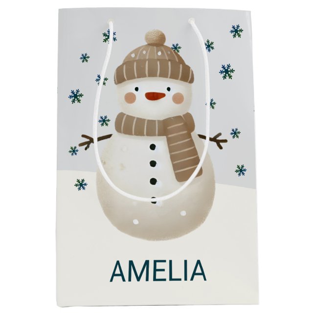 Cute Snowman Snowflakes Drawing Christmas Name Mittlere Geschenktüte (Vorderseite)