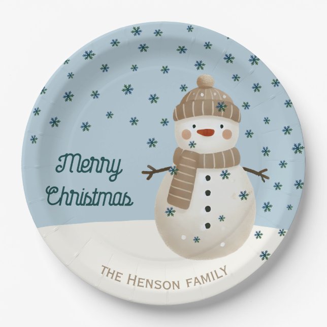 Cute Snowman Snowflakes Drawing Name Christmas Pappteller (Vorderseite)