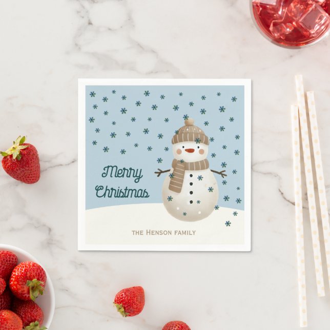 Cute Snowman Snowflakes Drawing Name Christmas Serviette (Beispiel)