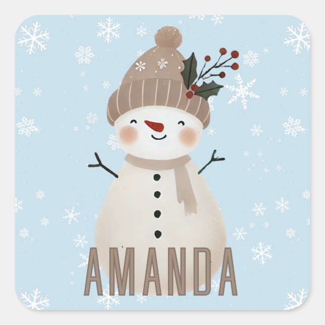 Cute Snowman Snowflakes Kids Christmas Quadratischer Aufkleber (Vorderseite)