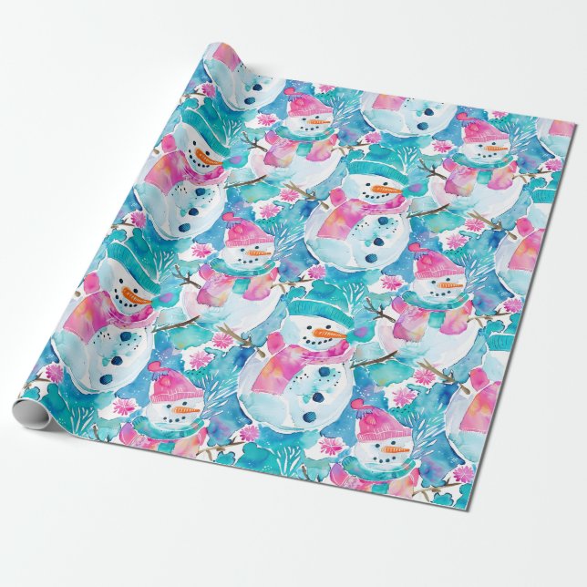 Cute snowman turquoise watercolor pattern geschenkpapier (Ungerollt)