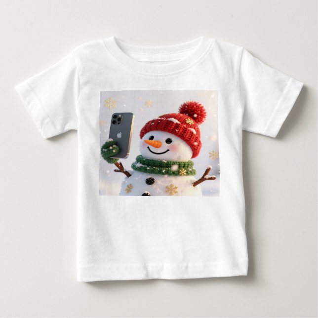 Cute Snowman with Phone Christmas Design Baby T-shirt (Vorderseite)