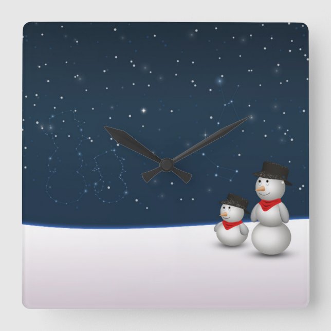 Cute Snowmen Constellation Quadratische Wanduhr (Vorderseite)