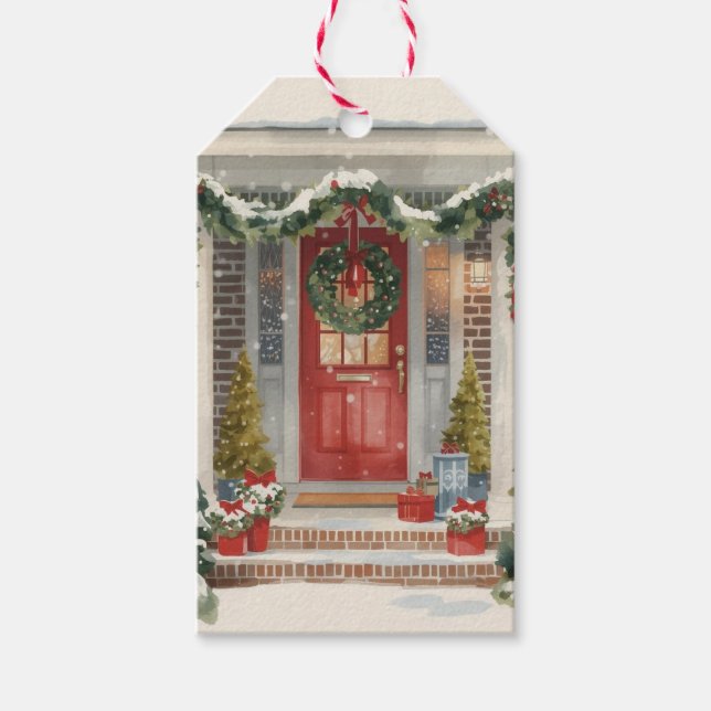 Cute Snowy Christmas Porch  Geschenkanhänger (Vorderseite)