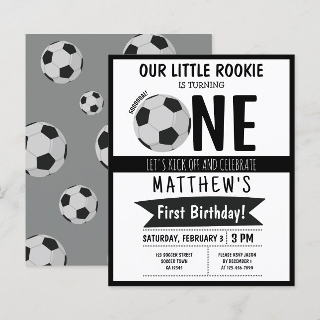 Cute Soccer Ball Ribbon Budget 1. Geburtstag Einla (Vorne/Hinten)