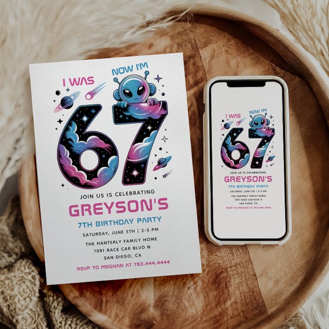 Cute Space 7th Birthday | Six & Seven Year Old  Einladung (Cute Space 7th Birthday | Six & Seven Year Old Invitation
)