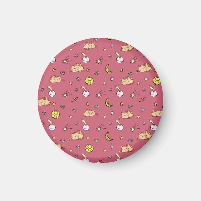 Cute Space Cat Pattern – Adorable Cosmic Kitty Magnet (Vorne)