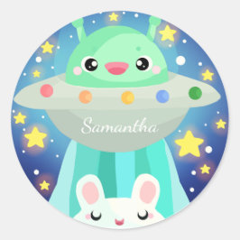 Cute Space Creature And Bunny Rabbit Runder Aufkleber