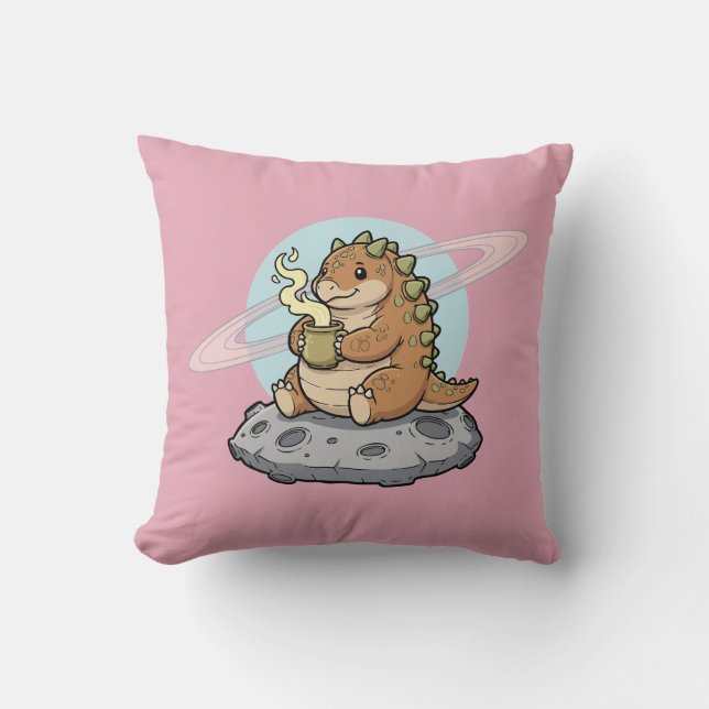 Cute Space Dinosaur Coffee Illustration Kissen (Vorderseite)