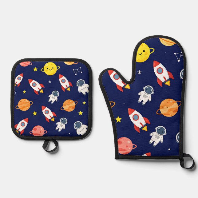 Cute Space Explorer Kids Pattern Ofenhandschuh & Topflappen-Set (Vorderseite)