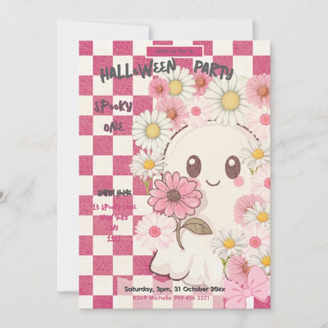 Cute Spooky Pink Daisy Halloween Party Invitation Einladung (Vorderseite)
