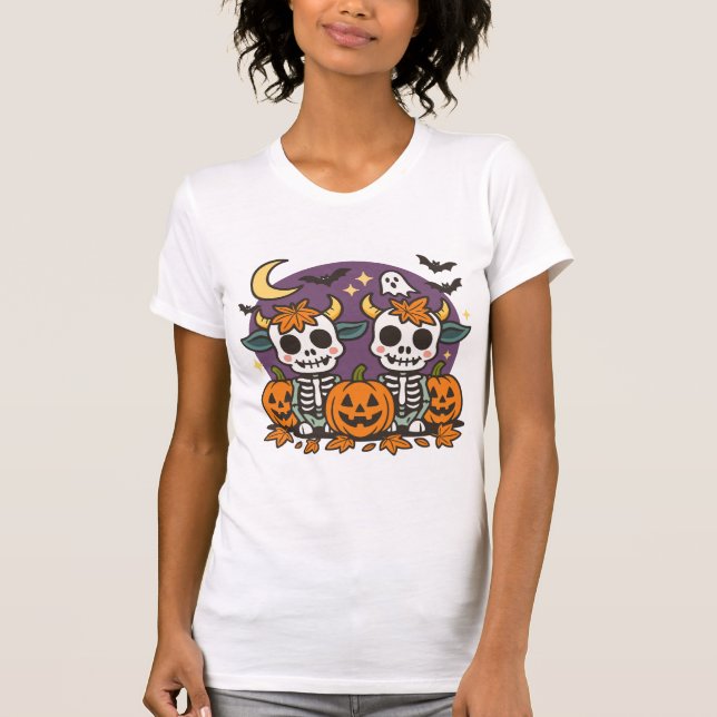Cute Spooky Skeleton Cows with Pumpkins T-Shirt (Devant)