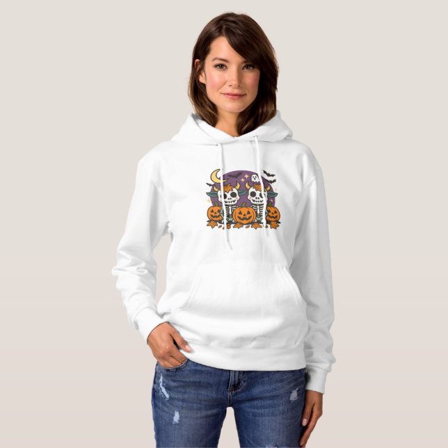 Cute Spooky Skeleton Cows with Pumpkins T-Shirt Hoodie (Vorne ganz)