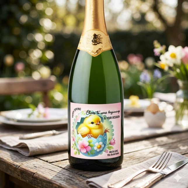 Cute Spring Chick Watercolor New Beginnings (Cute spring wine label with watercolor chick and egg - Easter - babyshower - birthday - new home)