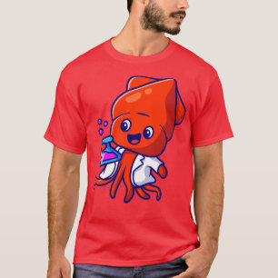Cute Squid Scientist Holding Tube Cartoon T-Shirt