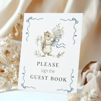Cute Squirrel Baby Shower Guest Book Sign Blue Sockelschild