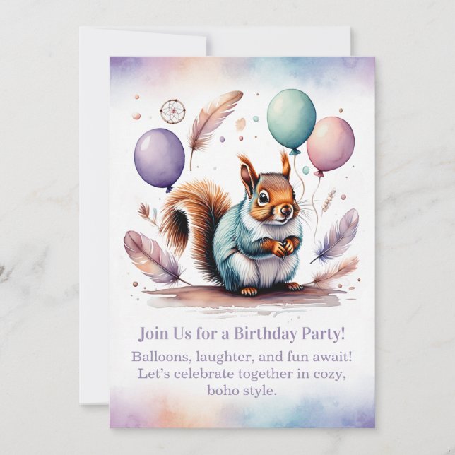 Cute Squirrel Birthday Invitation Woodland Boho  Einladung (Vorderseite)