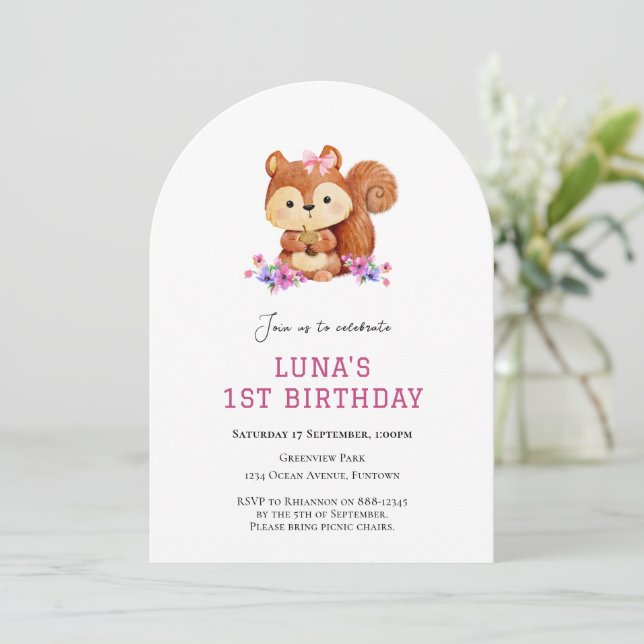 Cute Squirrel simple 1ère invitation anniversaire (Debout devant)