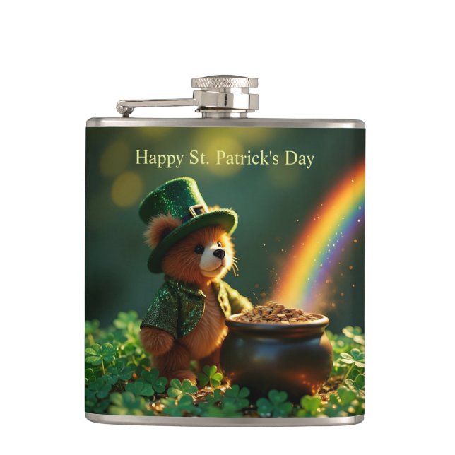 Cute St. Patrick’s Day Teddy Bear Flachmann (Vorderseite)