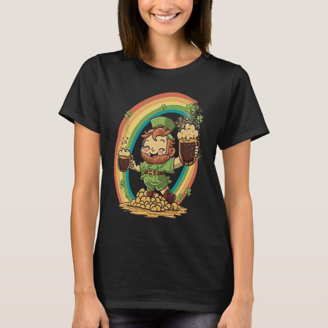 Cute St Patricks Day Rainbow and Leprechaun Holdin T-Shirt (Vorderseite)