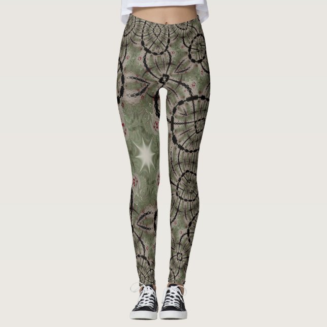 Cute Star Sage Green Black Red Heart Leggings (Devant)