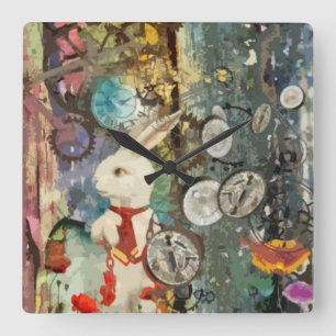 Cute steampunk Alice Wonderland white rabbit Quadratische Wanduhr