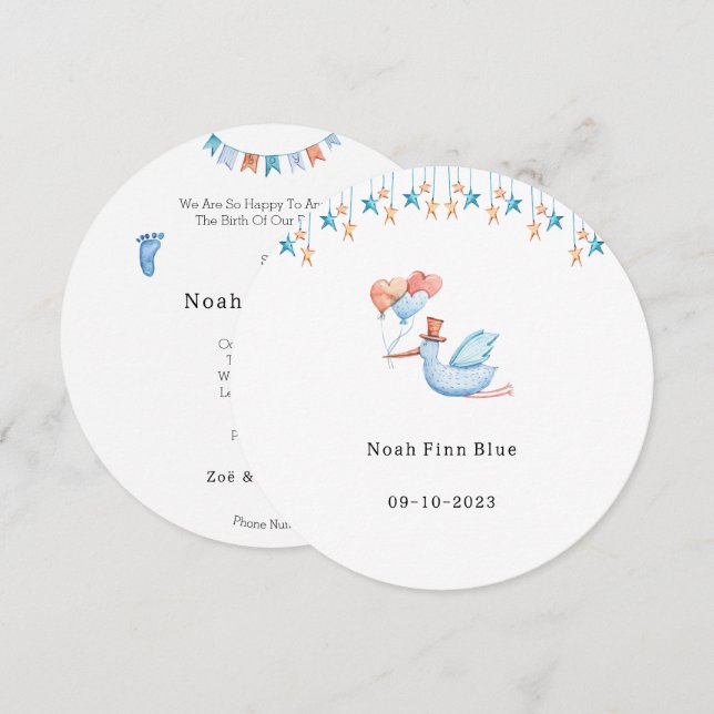 Cute Stork Bird With Balloons Blue Baby Boy Card Einladung (Vorne/Hinten)