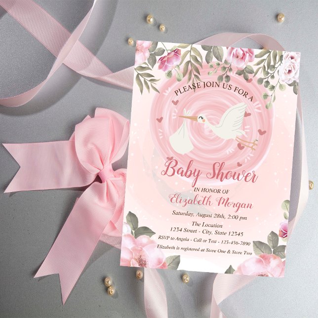 Cute Stork Floral Baby shower Invitation (Créateur téléchargé)