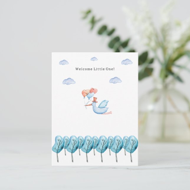 Cute Stork Flying Over The Forest Welcome New Baby Postkarte (Stehend Vorderseite)