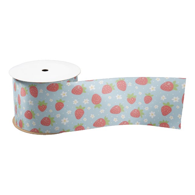 Cute Strawberries & Strawberry Flower Pattern Blue Satinband (Spule)